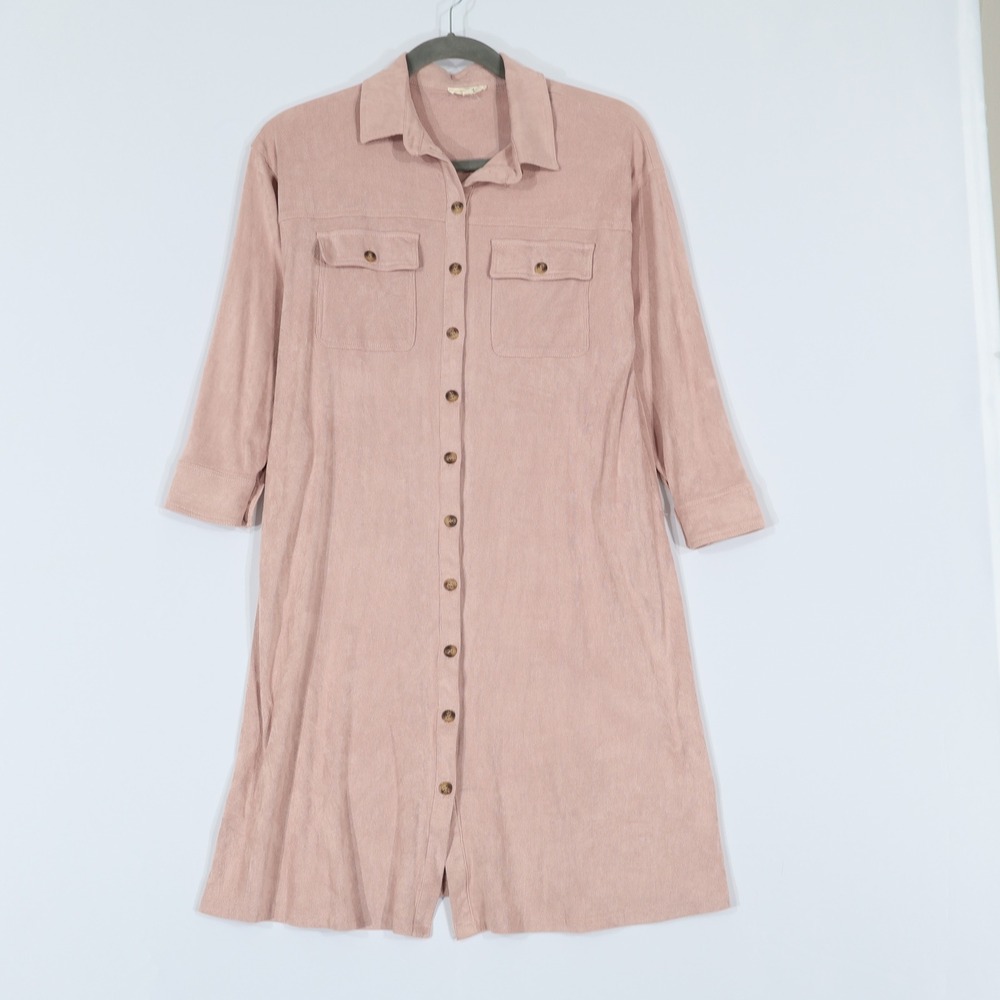 Easel Corduroy Shirt Dress Womens Large Pink Button Front Pockets Utility Pastel